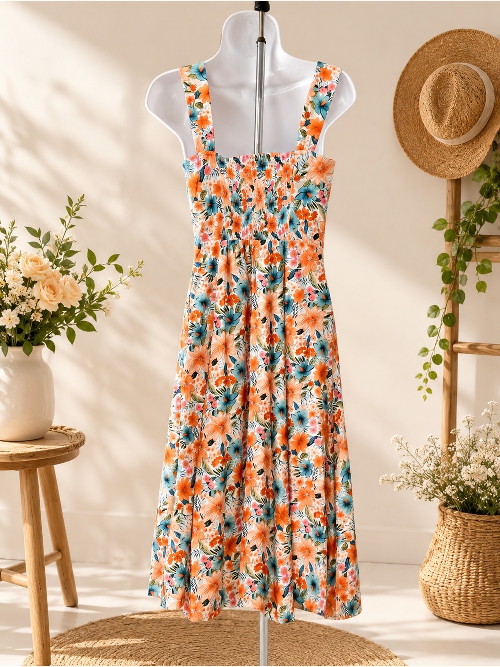 Hombre new Pastel Smocked in back floral dress